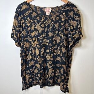 Vintage 90’s Putumayo NY Black & Gold Whimsical Patterned Top Made in India S